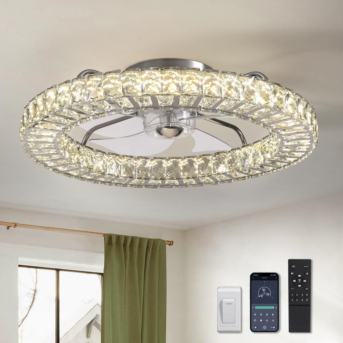 22" Modern Crystal Chandelier Ceiling Fan With Smart Color Change, Low Profile Flush Mount Ceiling Fan With Light