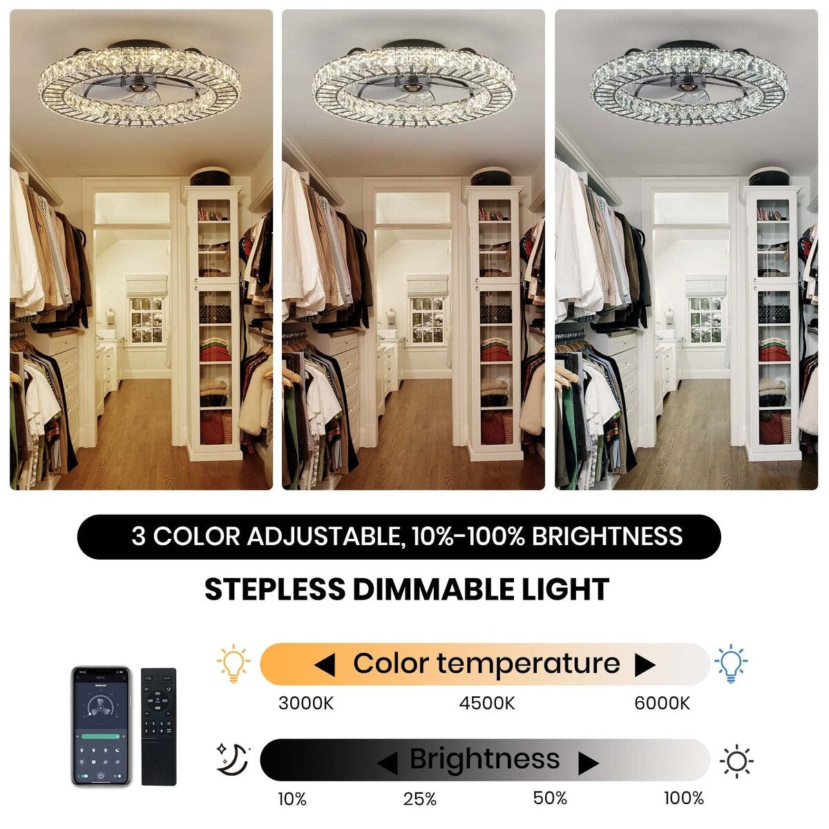 22" Modern Crystal Chandelier Ceiling Fan With Smart Color Change, Low Profile Flush Mount Ceiling Fan With Light
