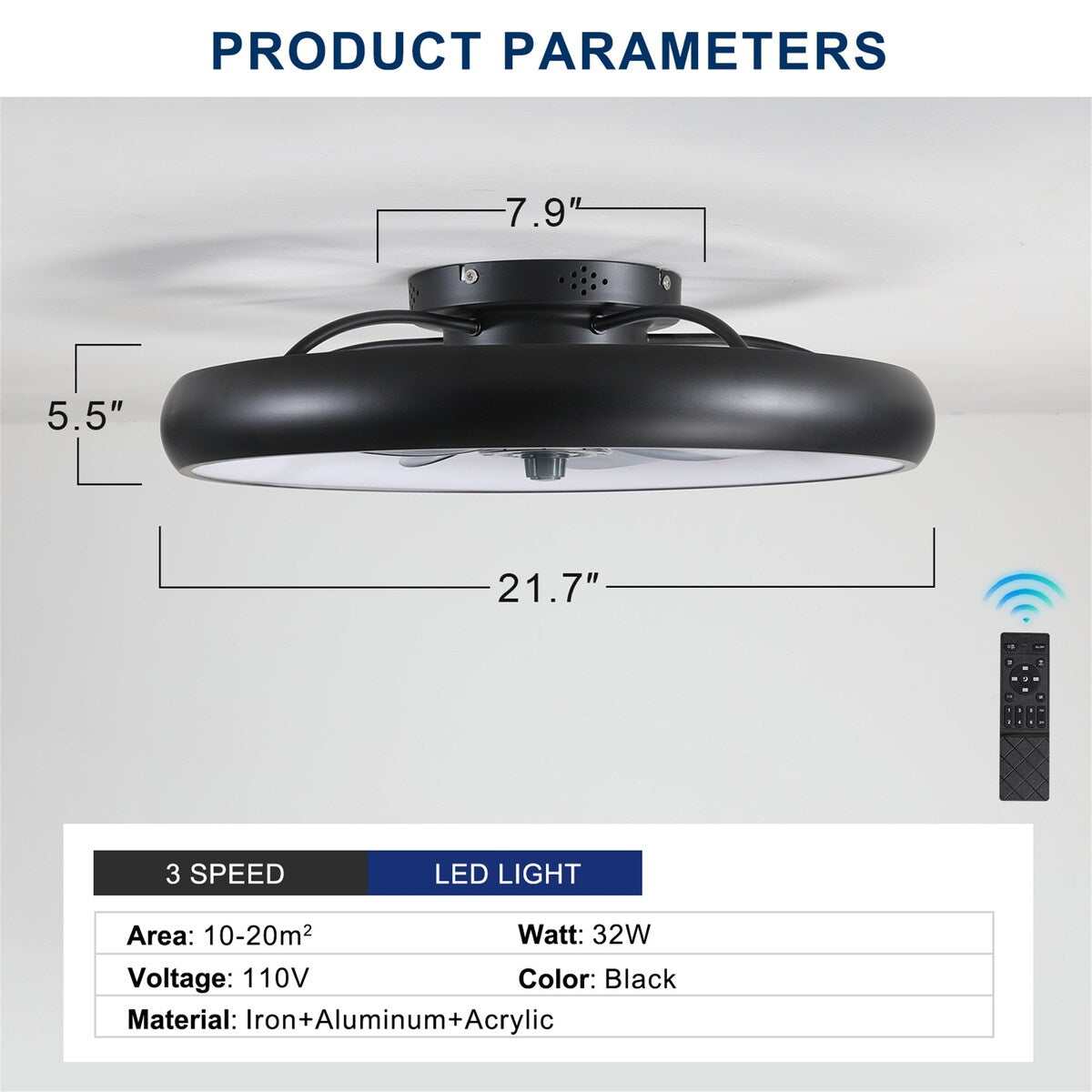22" Modern Black Bladeless Low Profile LED Ceiling Fan with Light