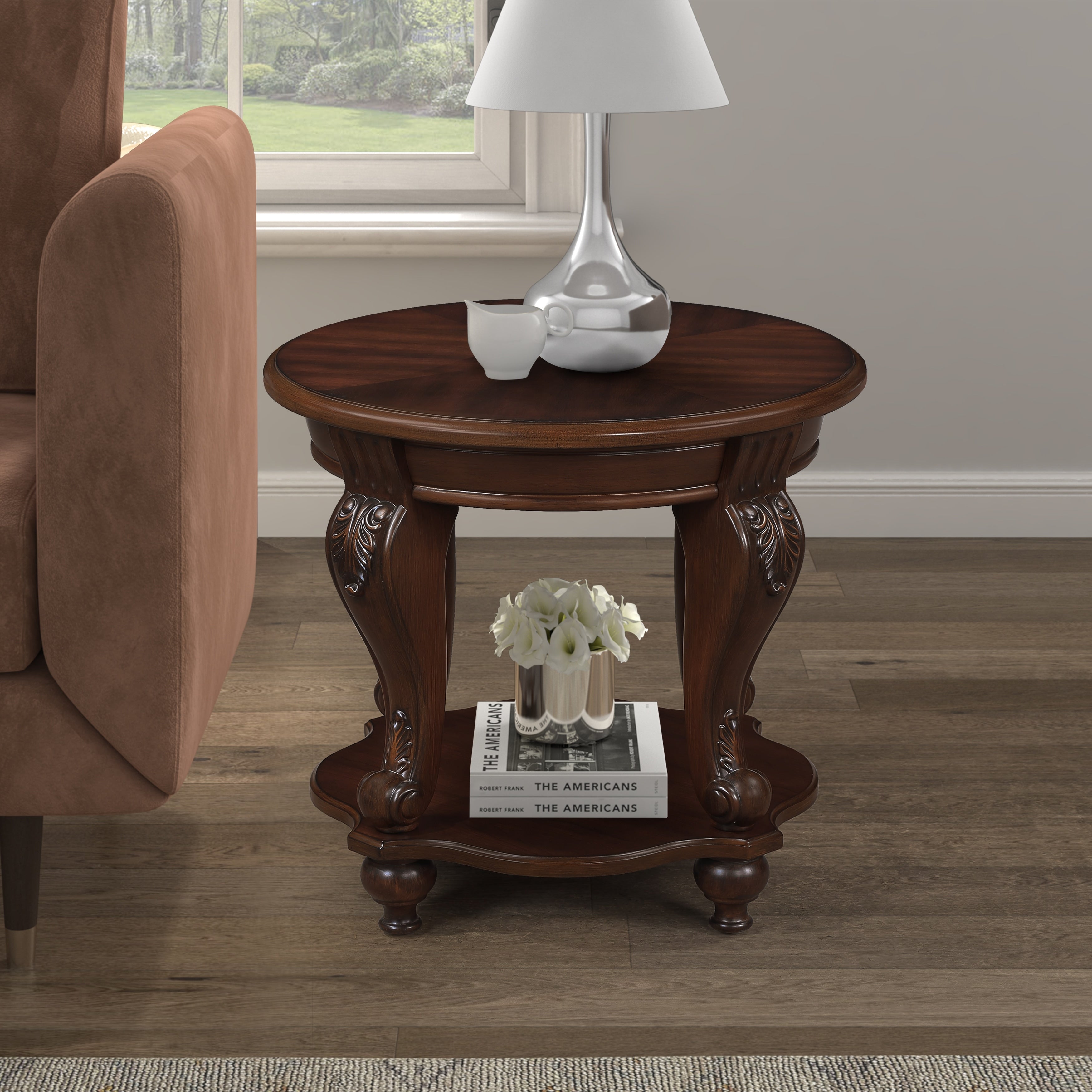 22 Retro Round End Table Solid Wood Sofa Side Table with Shelf Living Room Corner Table Easy Assemble Antique White