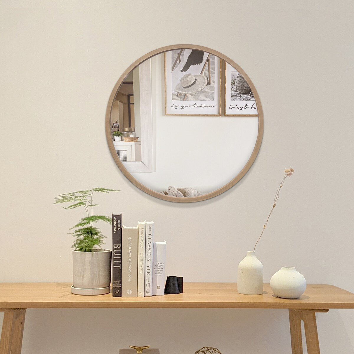 22" Round Wood Mirror, Grey - 22" Diameter