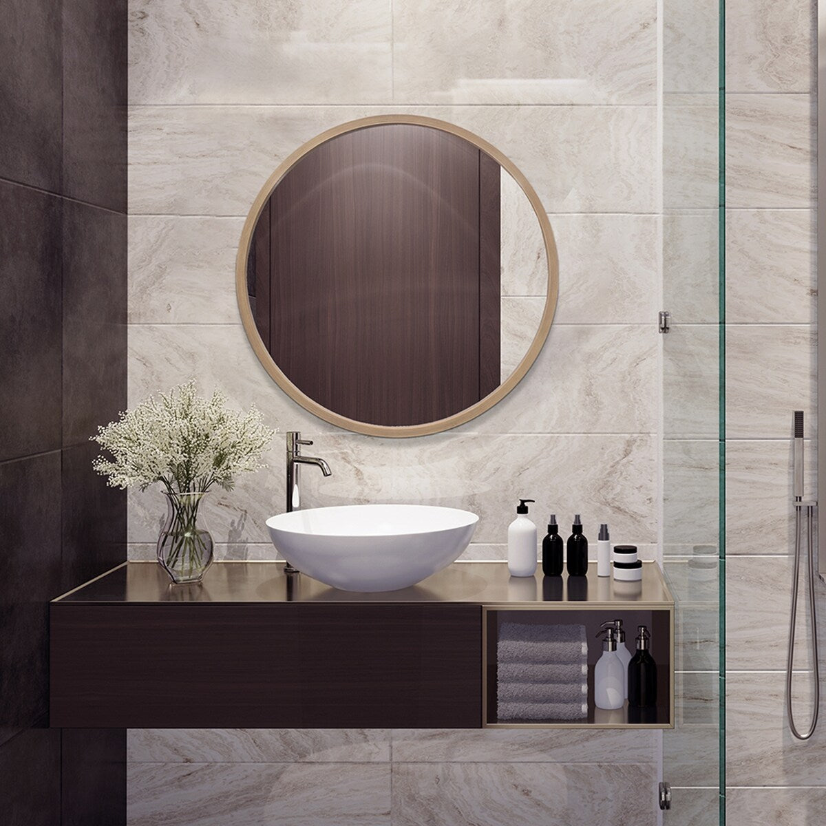 22" Round Wood Mirror, Grey - 22" Diameter
