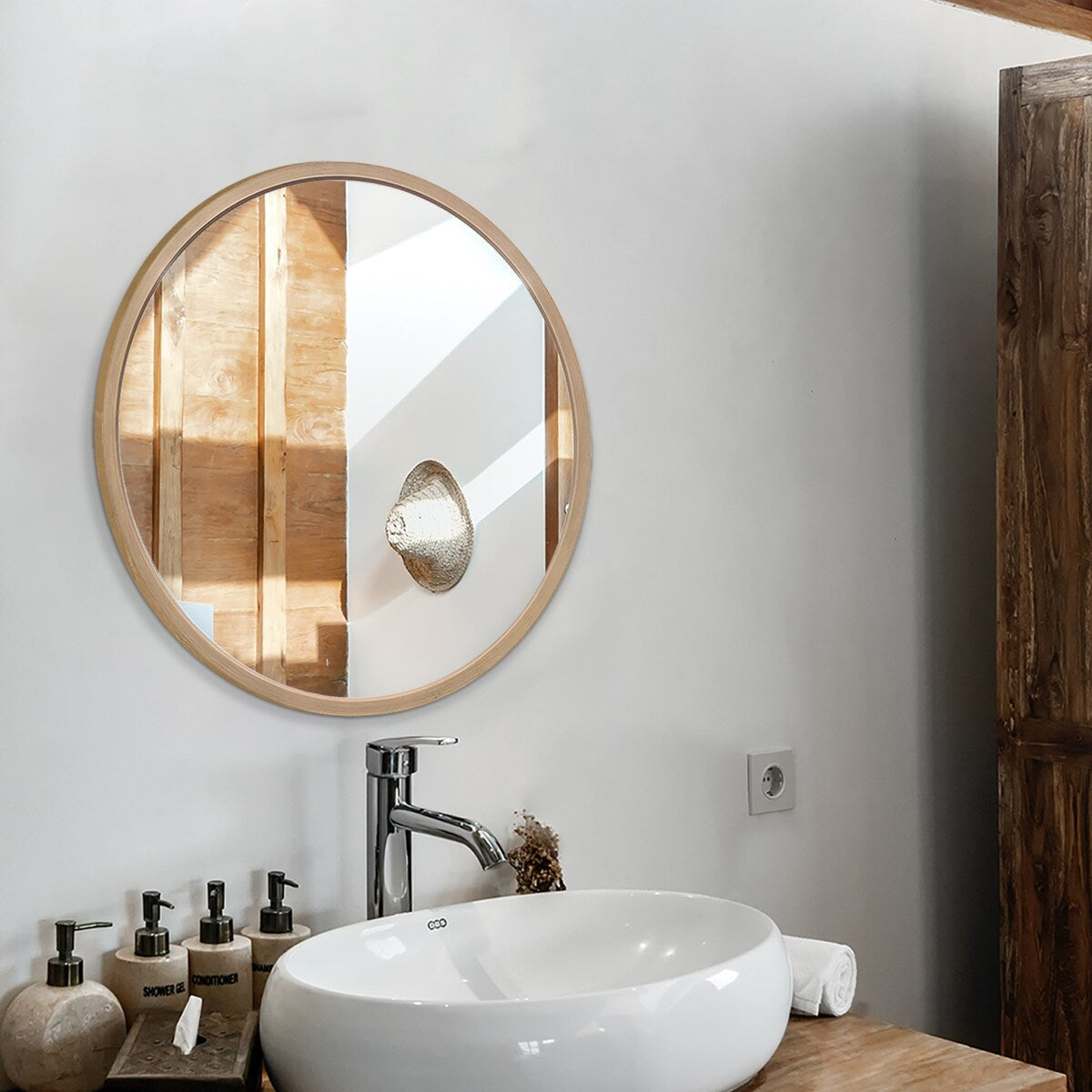 22" Round Wood Mirror, Grey - 22" Diameter