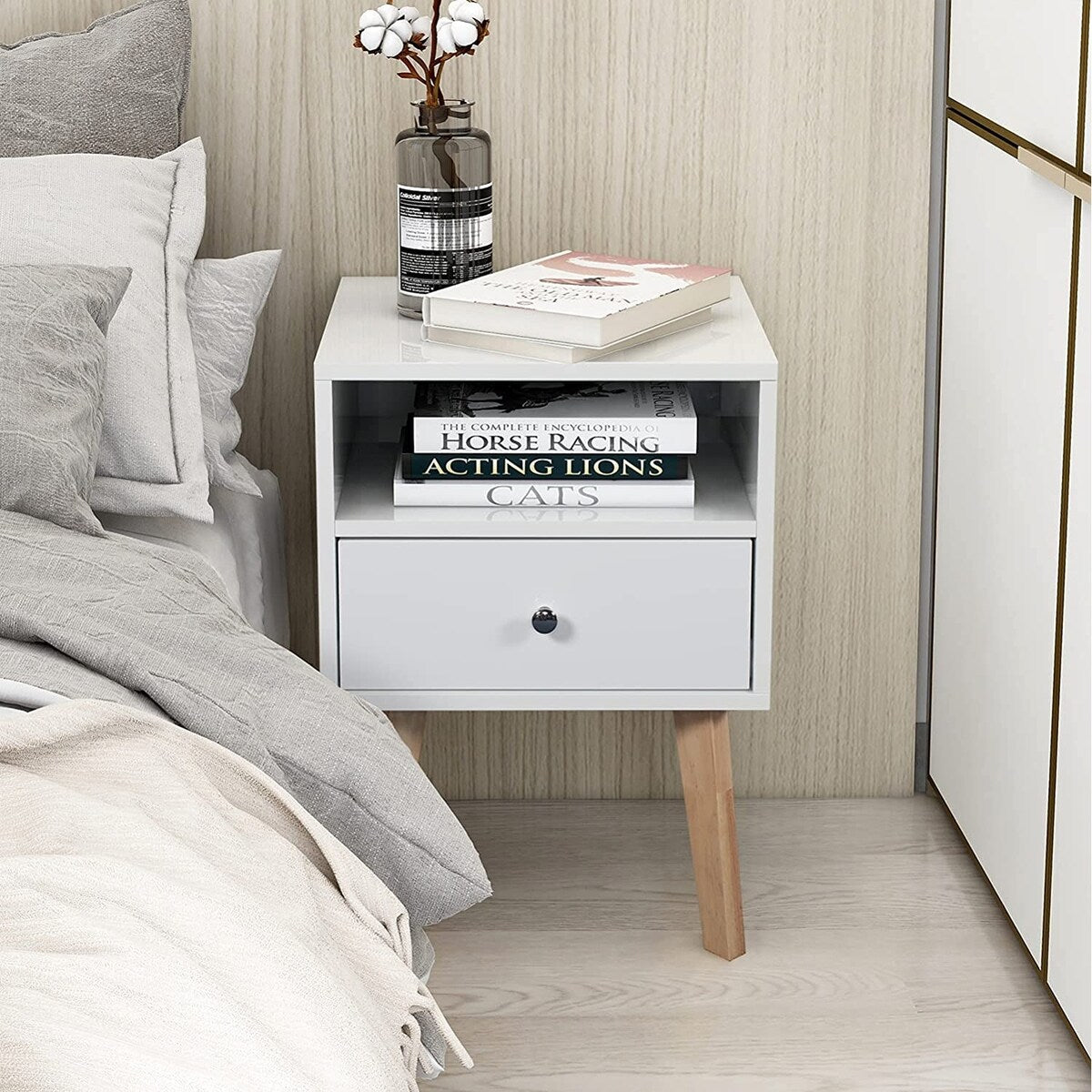 22" Tall 1 Drawer Solid Wood Nightstand with Open Shelves