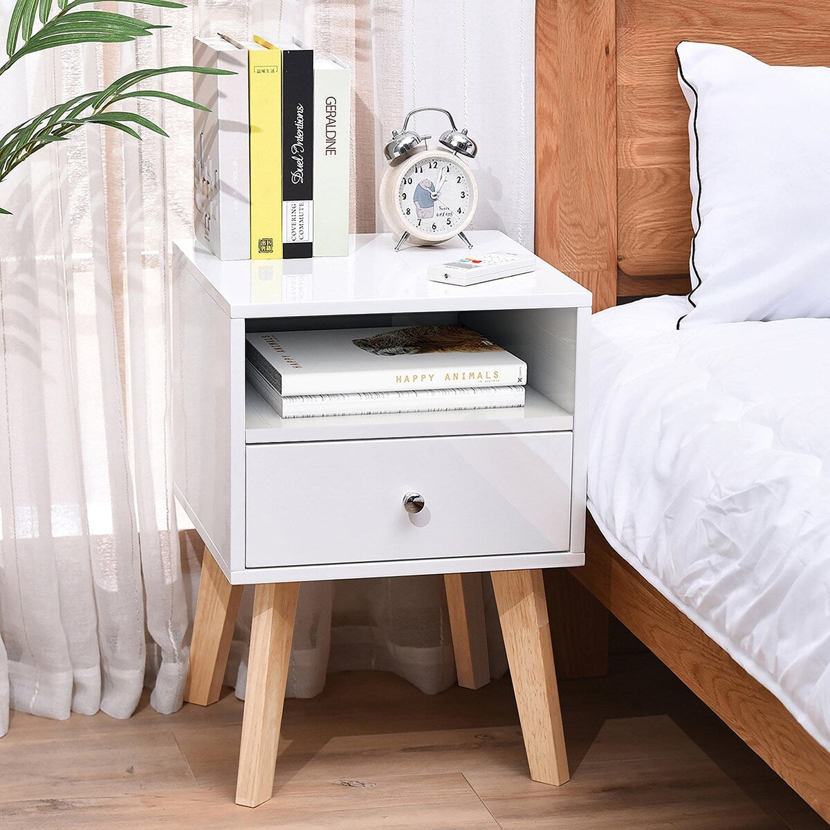 22" Tall 1 Drawer Solid Wood Nightstand with Open Shelves