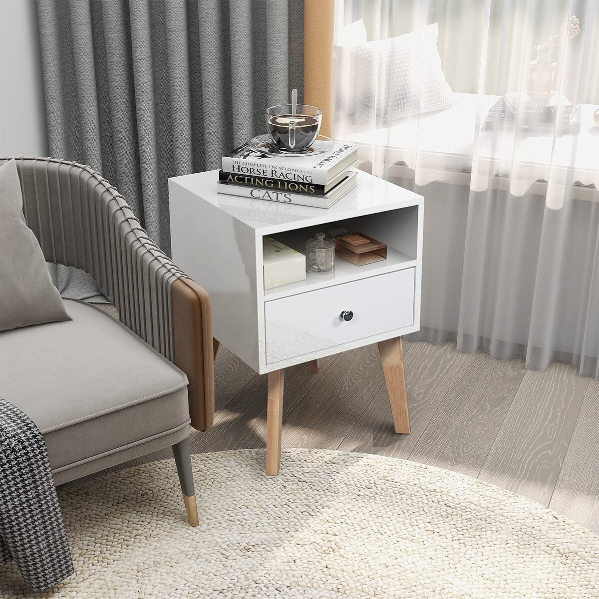 22" Tall 1 Drawer Solid Wood Nightstand with Open Shelves