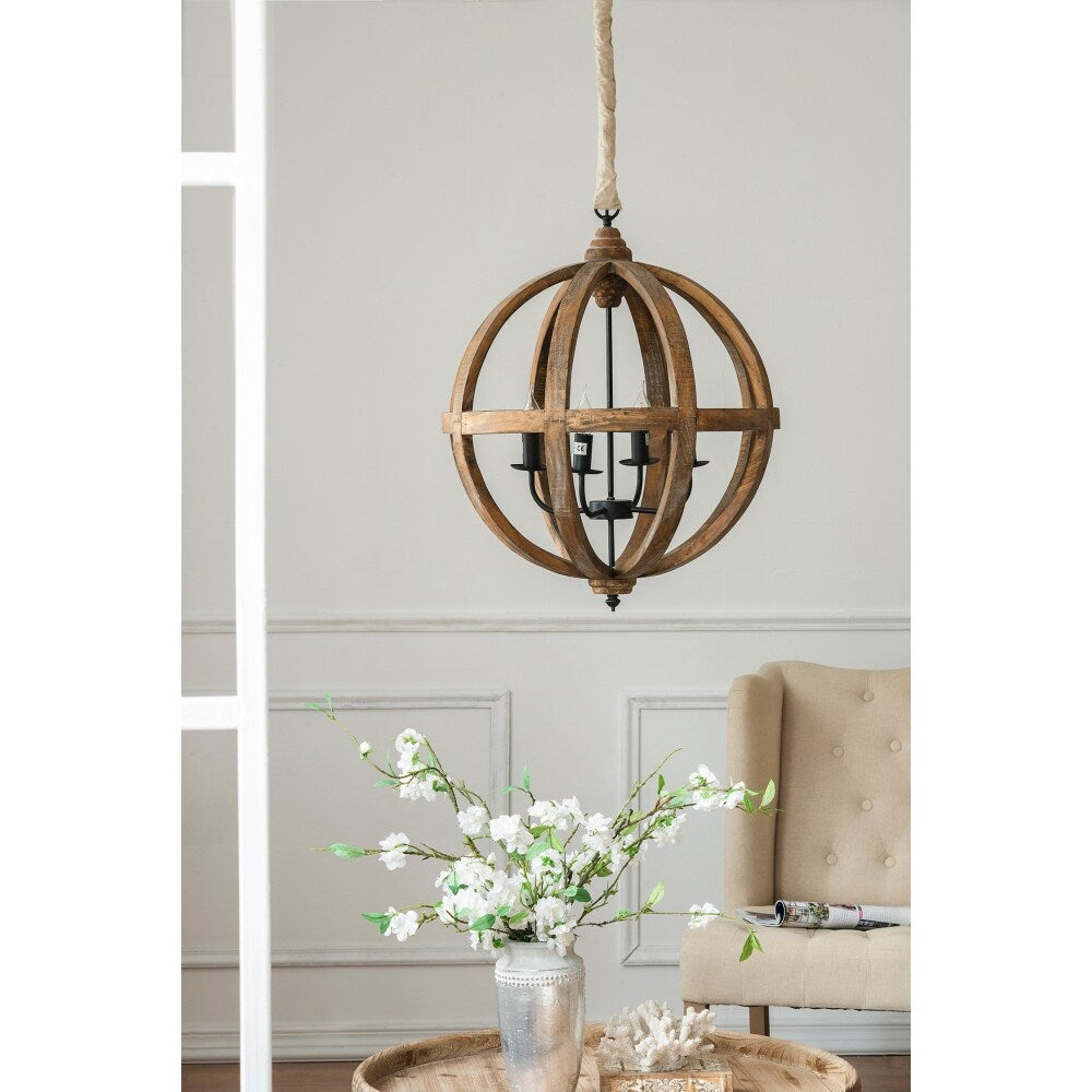 22in 4-Light Wood Hardwire Chandelier Light with Adjustable Chain