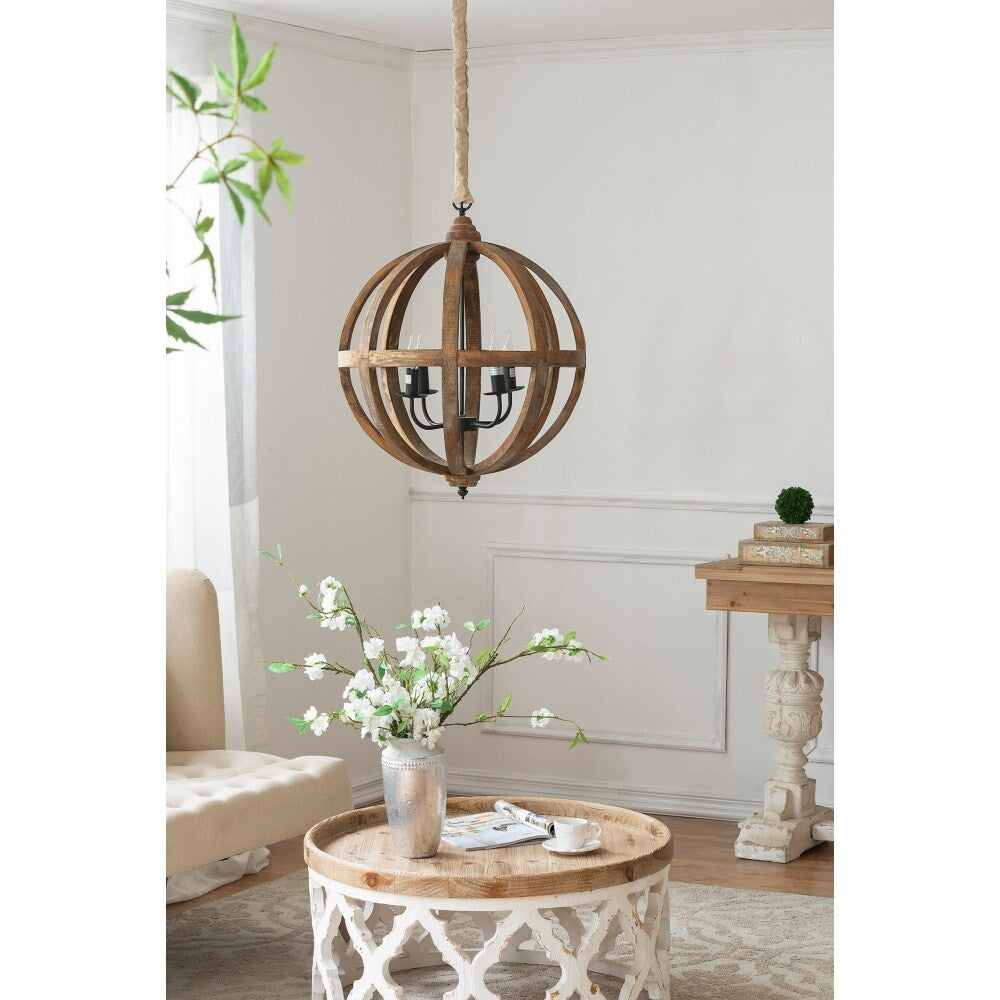 22in 4-Light Wood Hardwire Chandelier Light with Adjustable Chain