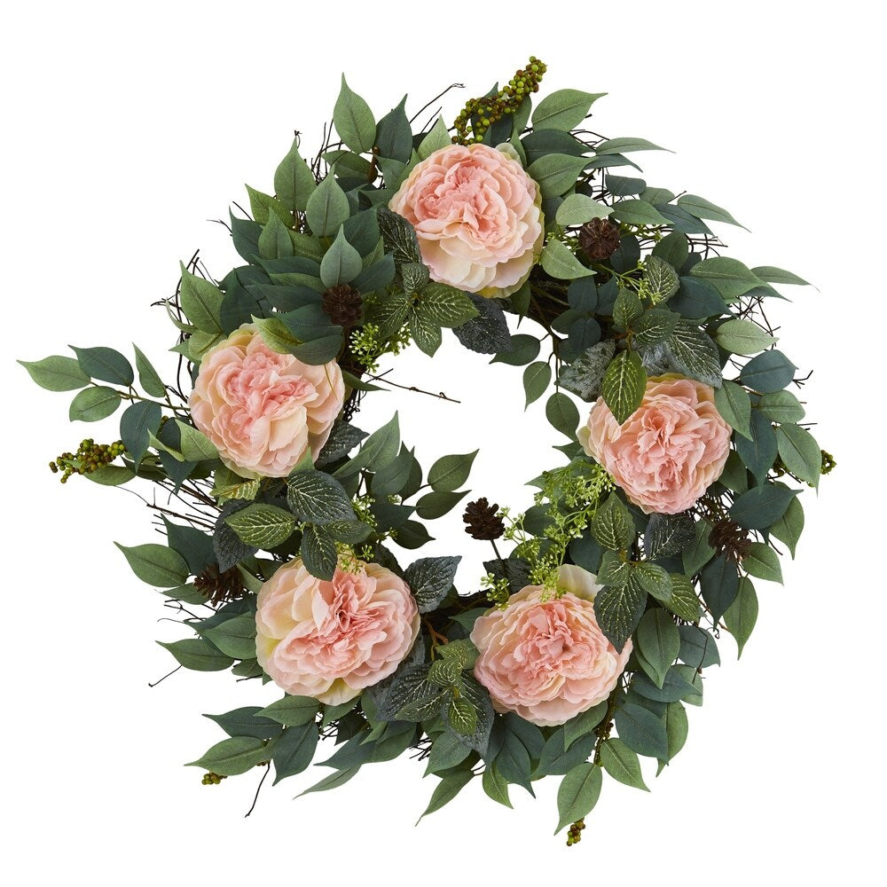 23" Mixed Greens and Peony Artificial Wreath