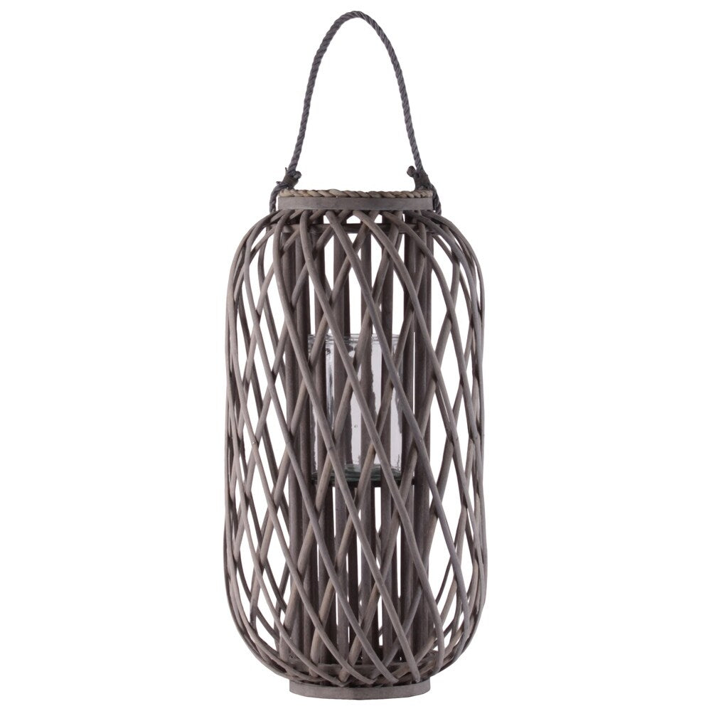 23.50 Inch Bamboo Lantern with Lattice Design and Braided Rope Handle,Brown
