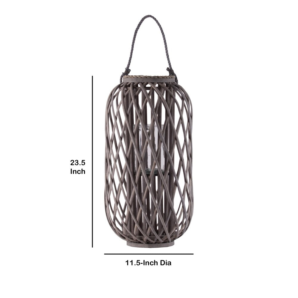 23.50 Inch Bamboo Lantern with Lattice Design and Braided Rope Handle,Brown