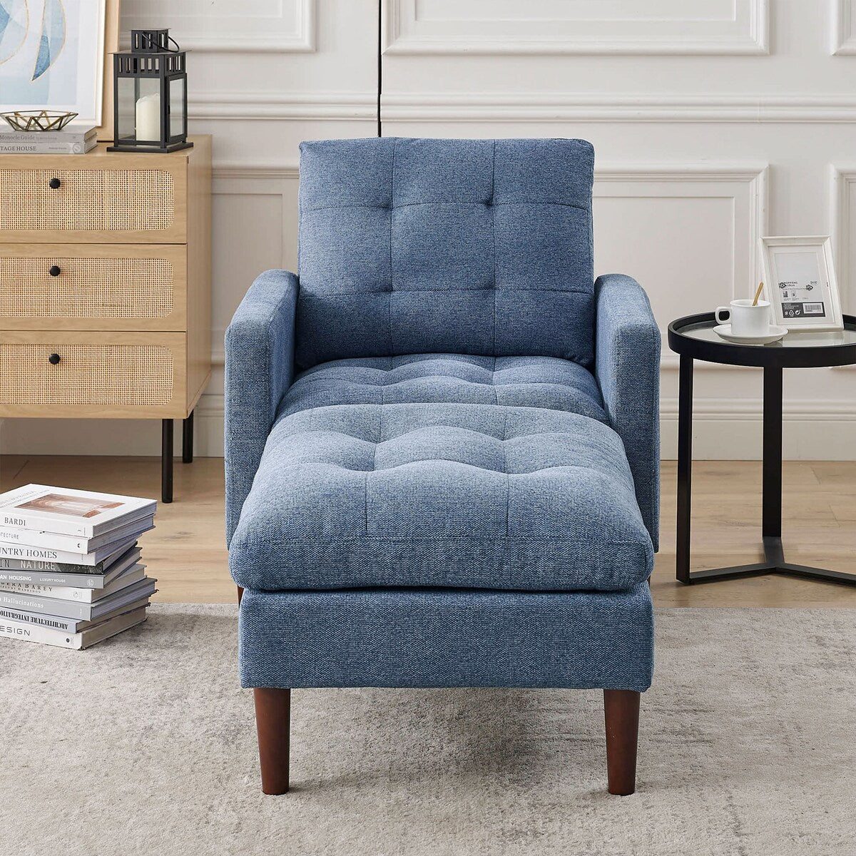 23.5" Fabric Single Sofa Chair, Comfortable Armchair with Solid Wood Legs, Tufted Back Chair Sofa, Ottoman Included