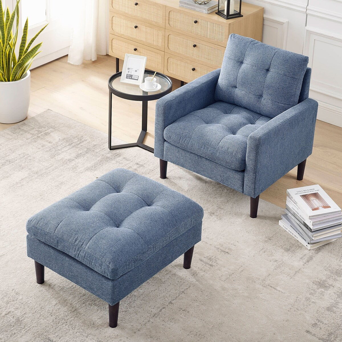 23.5" Fabric Single Sofa Chair, Comfortable Armchair with Solid Wood Legs, Tufted Back Chair Sofa, Ottoman Included
