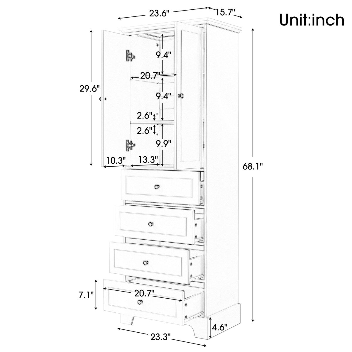 23.6 in. W x 15.7 in. D x 68.1 in. H Linen Cabinet with 2 Doors and 4 Drawers