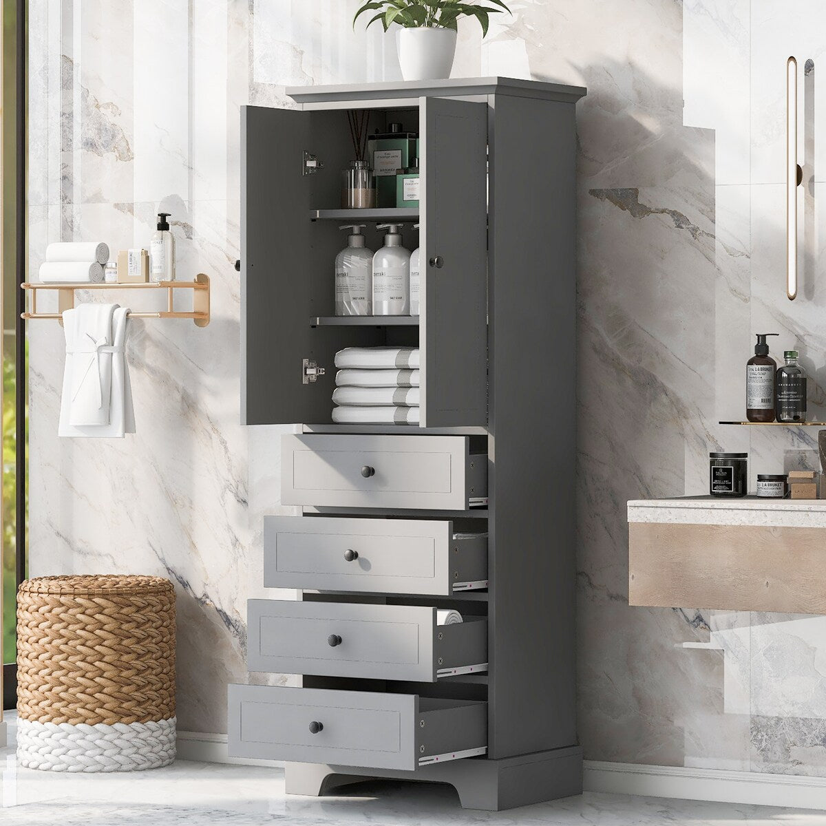23.6 in. W x 15.7 in. D x 68.1 in. H Linen Cabinet with 2 Doors and 4 Drawers