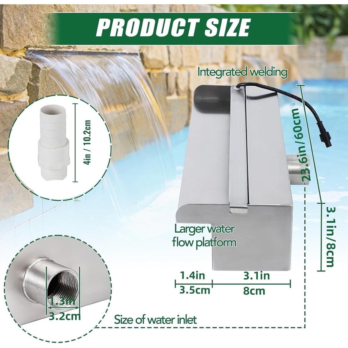 23.6" Pool Fountain Stainless Steel Pool Waterfall for Garden - 23.6" x 4.5" x 3.1"