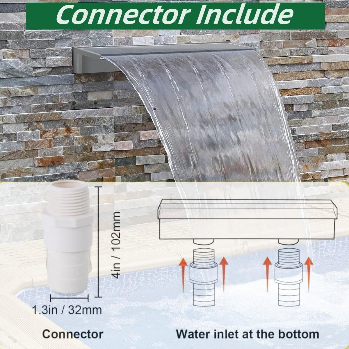 23.6" Pool Fountain Stainless Steel Pool Waterfall for Garden - 23.6" x 4.5" x 3.1"