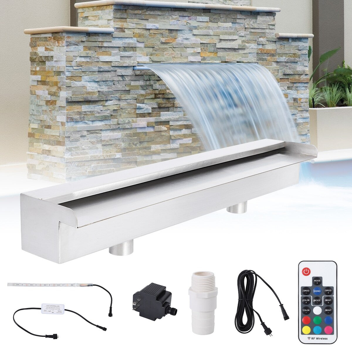 23.6" Pool Fountain Stainless Steel Pool Waterfall for Garden - 23.6" x 4.5" x 3.1"
