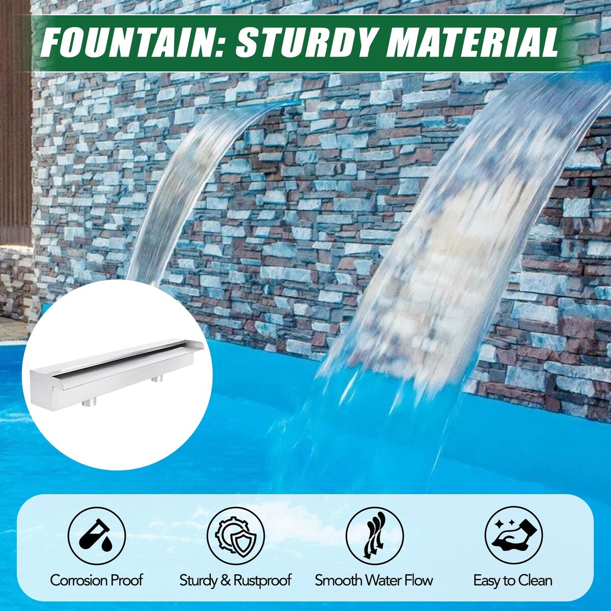 23.6" Pool Fountain Stainless Steel Pool Waterfall for Garden - 23.6" x 4.5" x 3.1"