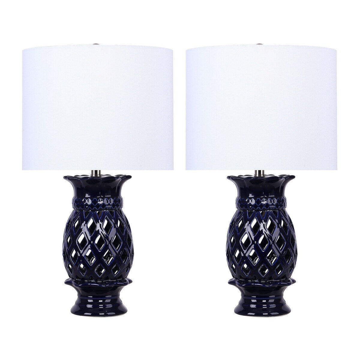 23" Mazarine Blue Ceramic Table Lamps w/ White Linen Shades (Set of 2)