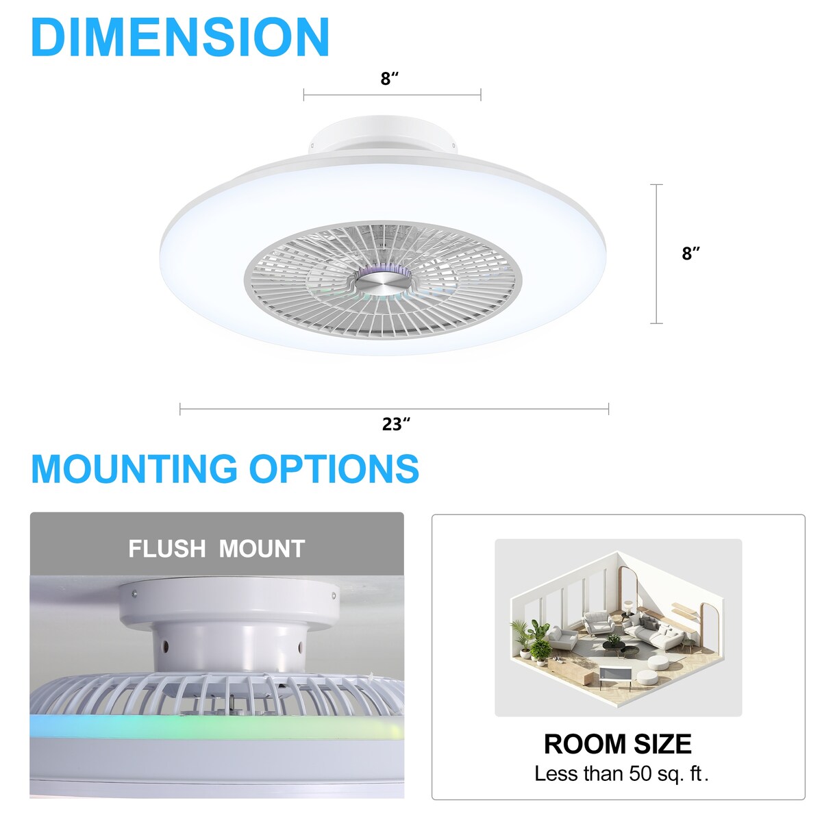 23" Modern White Enclosed Low Profile Smart LED Ceiling Fan Works with Alexa/Google/APP