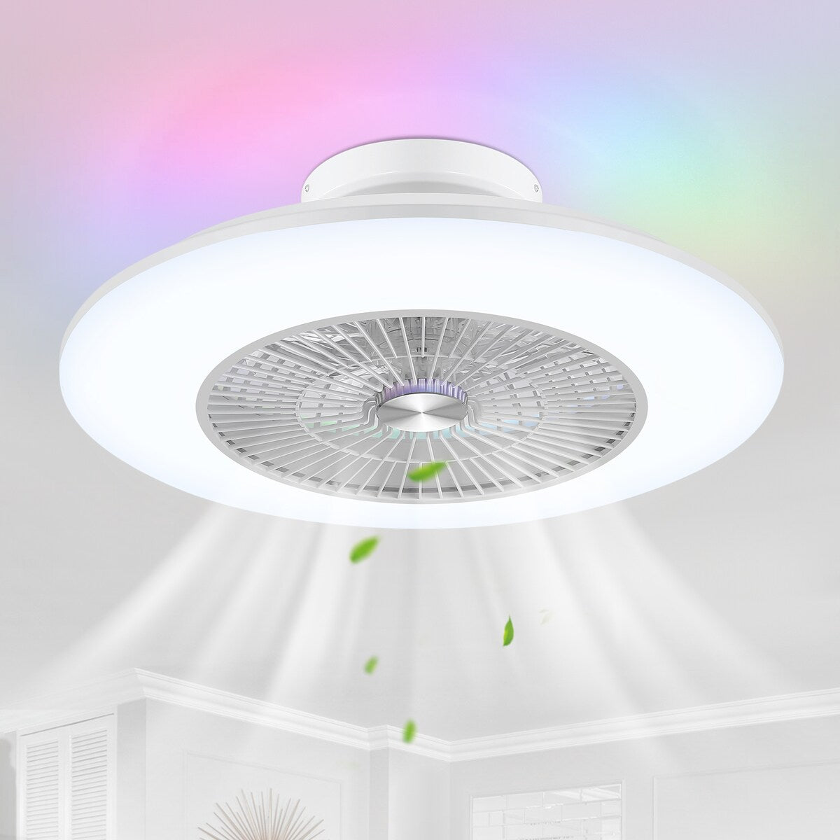 23" Modern White Enclosed Low Profile Smart LED Ceiling Fan Works with Alexa/Google/APP