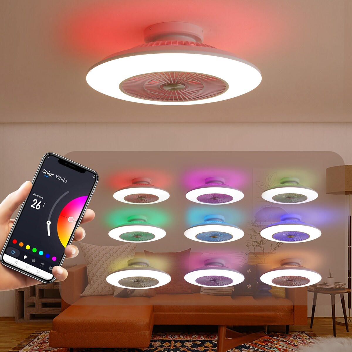 23" Modern White Enclosed Low Profile Smart LED Ceiling Fan Works with Alexa/Google/APP