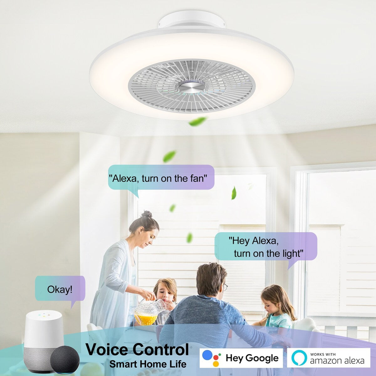 23" Modern White Enclosed Low Profile Smart LED Ceiling Fan Works with Alexa/Google/APP