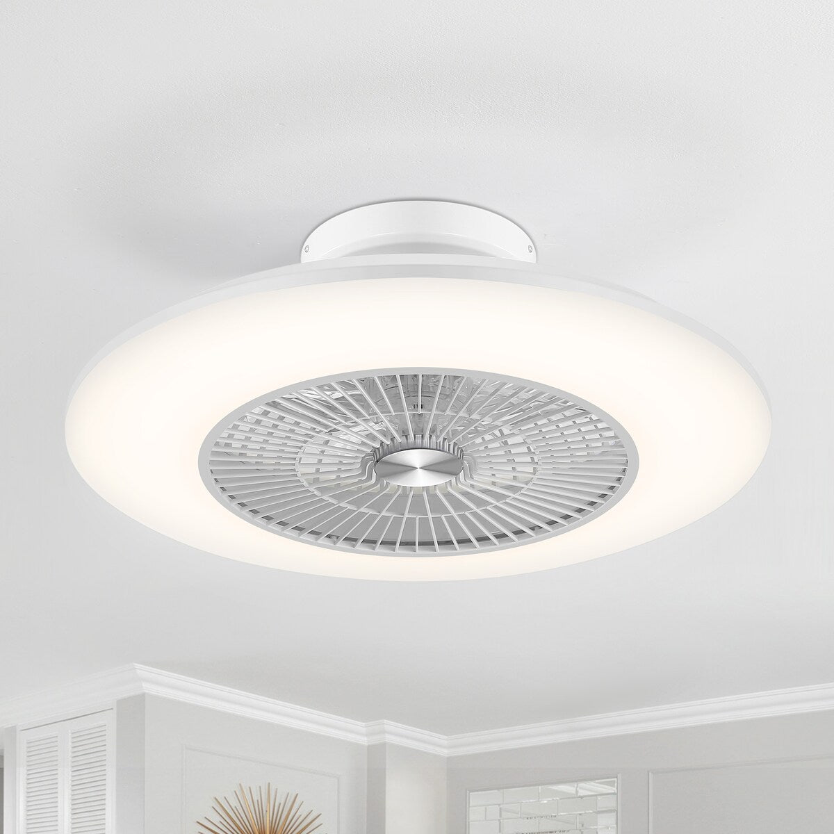 23" Modern White Enclosed Low Profile Smart LED Ceiling Fan Works with Alexa/Google/APP