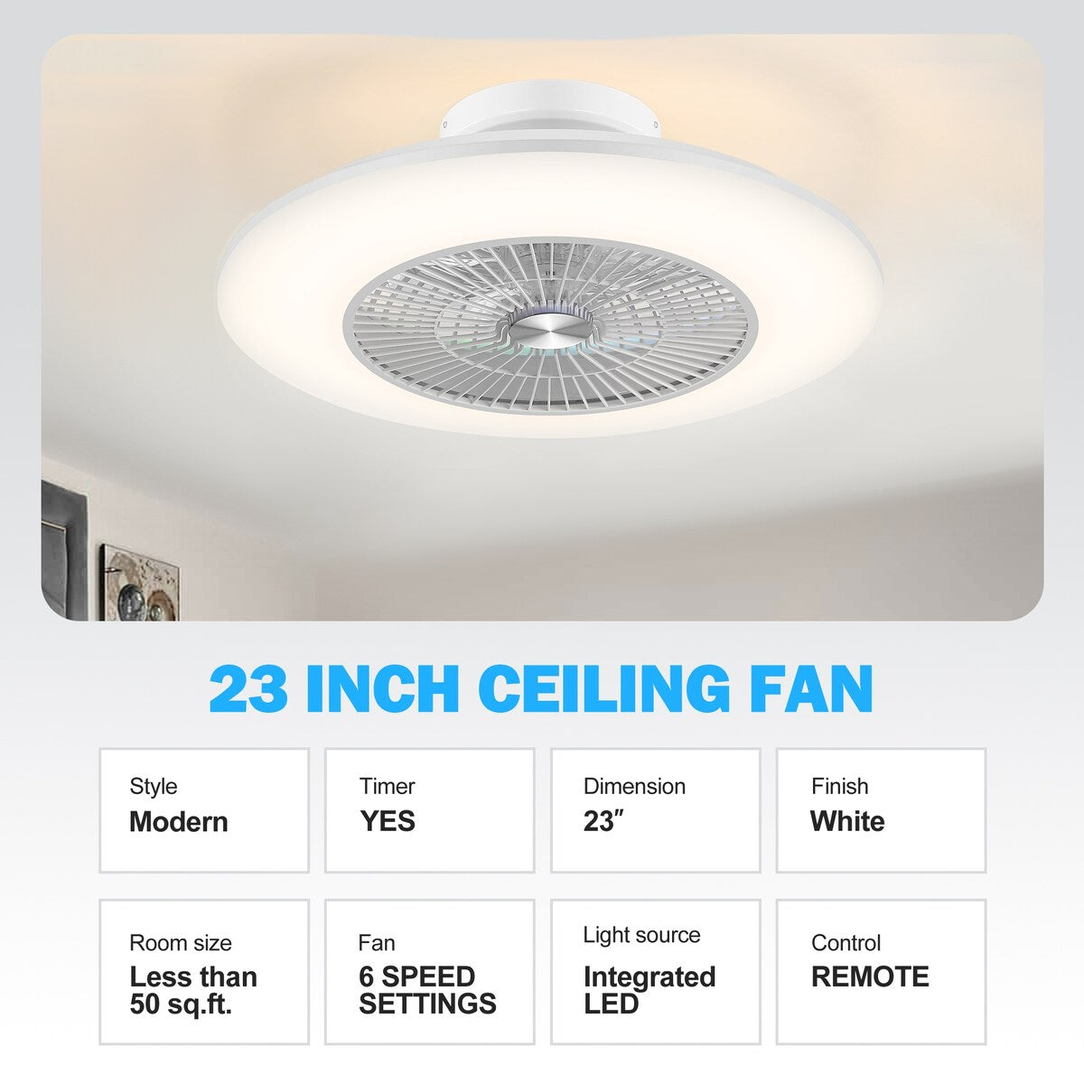 23" Modern White Enclosed Low Profile Smart LED Ceiling Fan Works with Alexa/Google/APP