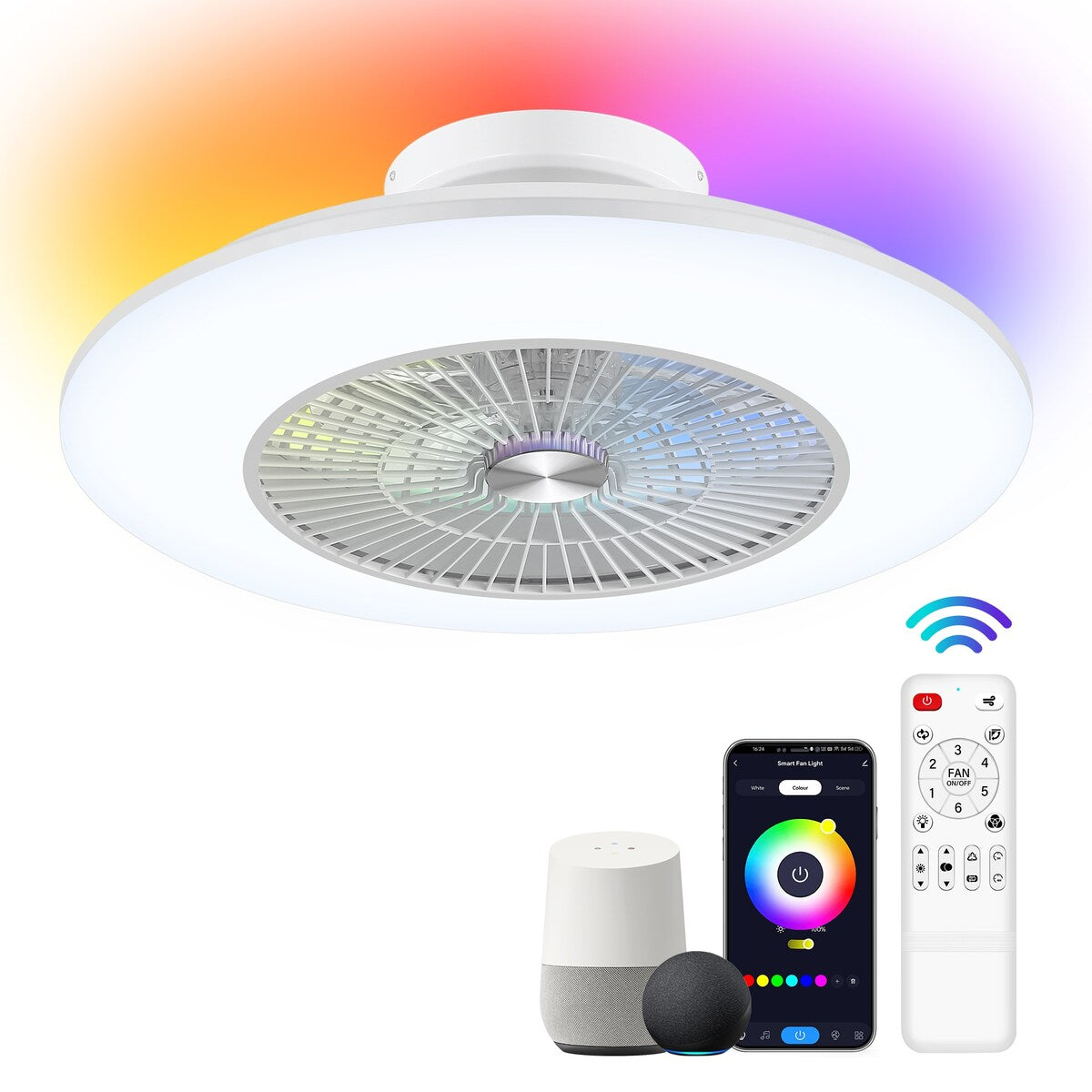 23" Modern White Enclosed Low Profile Smart LED Ceiling Fan Works with Alexa/Google/APP