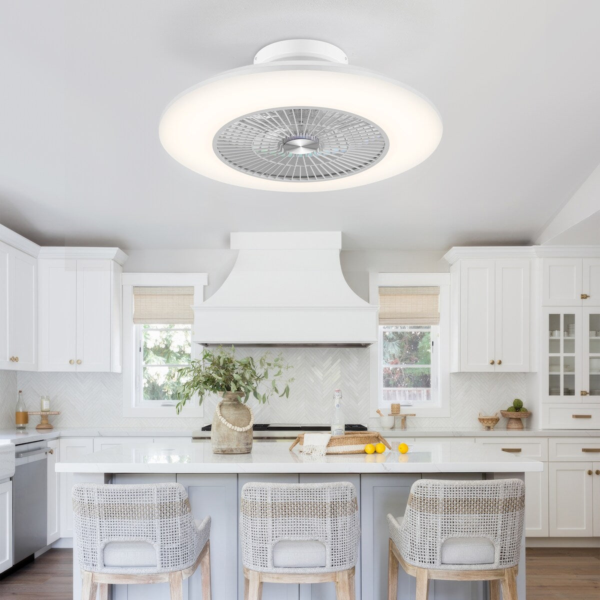 23" Modern White Enclosed Low Profile Smart LED Ceiling Fan Works with Alexa/Google/APP