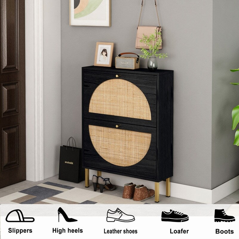 23"W 2 Door Shoe Cabinet,Natural rattan,double layer,suitable for living room,hallway 