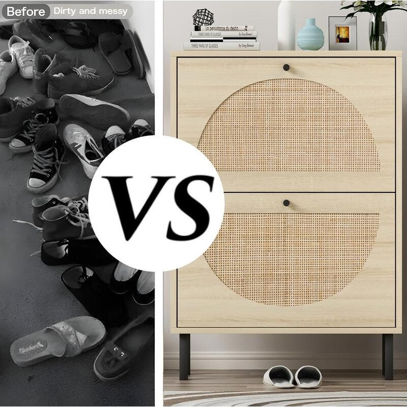 23"W 2 Door Shoe Cabinet,Natural rattan,double layer,suitable for living room,hallway 