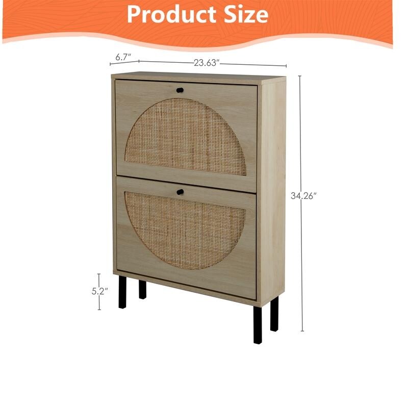 23"W 2 Door Shoe Cabinet,Natural rattan,double layer,suitable for living room,hallway 