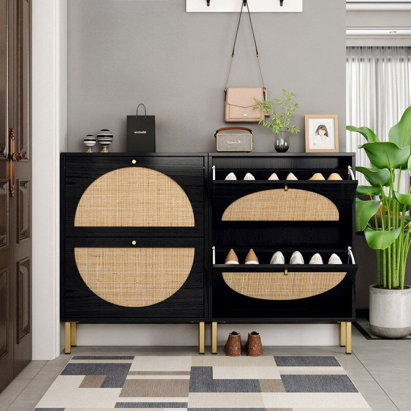 23"W 2 Door Shoe Cabinet,Natural rattan,double layer,suitable for living room,hallway 