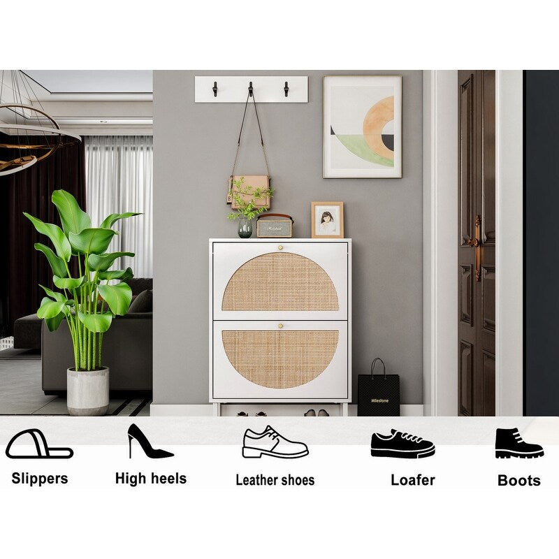 23"W 2 Door Shoe Cabinet,Natural rattan,double layer,suitable for living room,hallway 