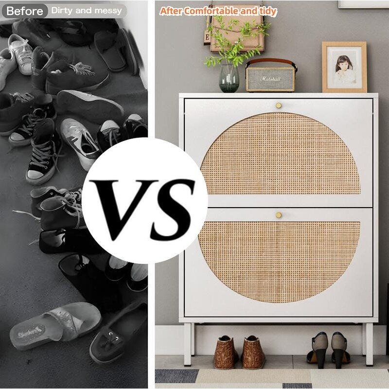 23"W 2 Door Shoe Cabinet,Natural rattan,double layer,suitable for living room,hallway 