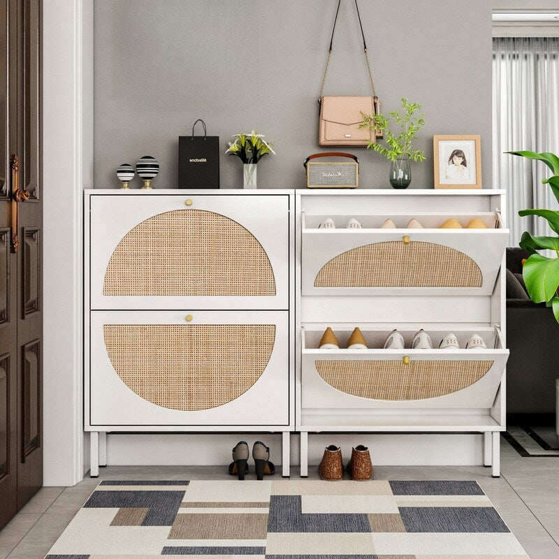 23"W 2 Door Shoe Cabinet,Natural rattan,double layer,suitable for living room,hallway 