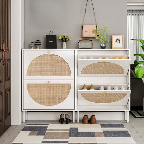 23"W 2 Door Shoe Cabinet,Natural rattan,double layer,suitable for living room,hallway 