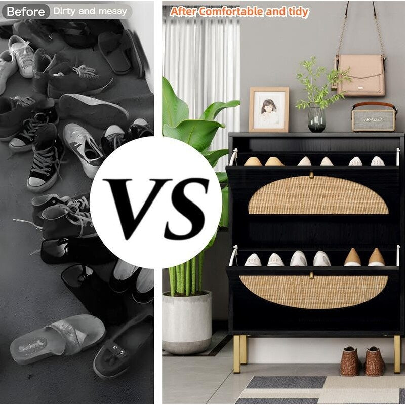 23"W 2 Door Shoe Cabinet,Natural rattan,double layer,suitable for living room,hallway 