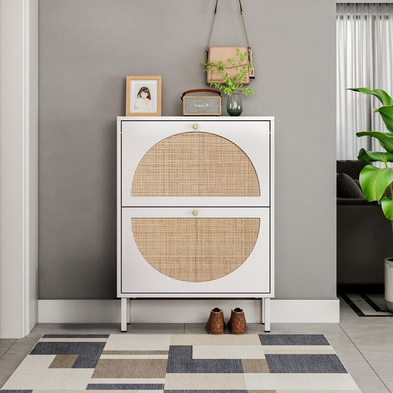 23"W 2 Door Shoe Cabinet,Natural rattan,double layer,suitable for living room,hallway 