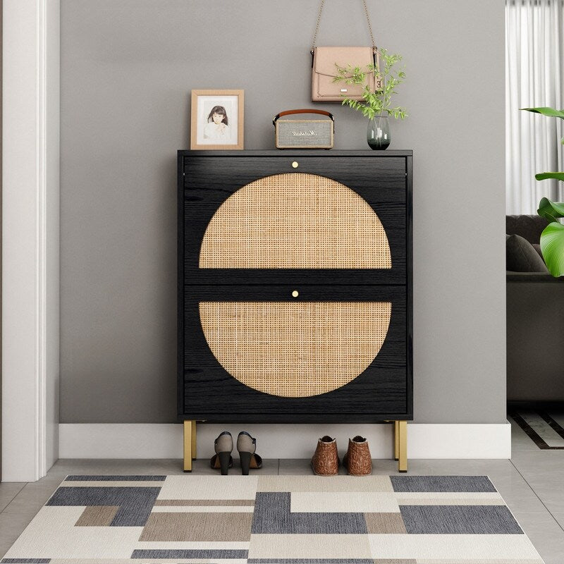 23"W 2 Door Shoe Cabinet,Natural rattan,double layer,suitable for living room,hallway 