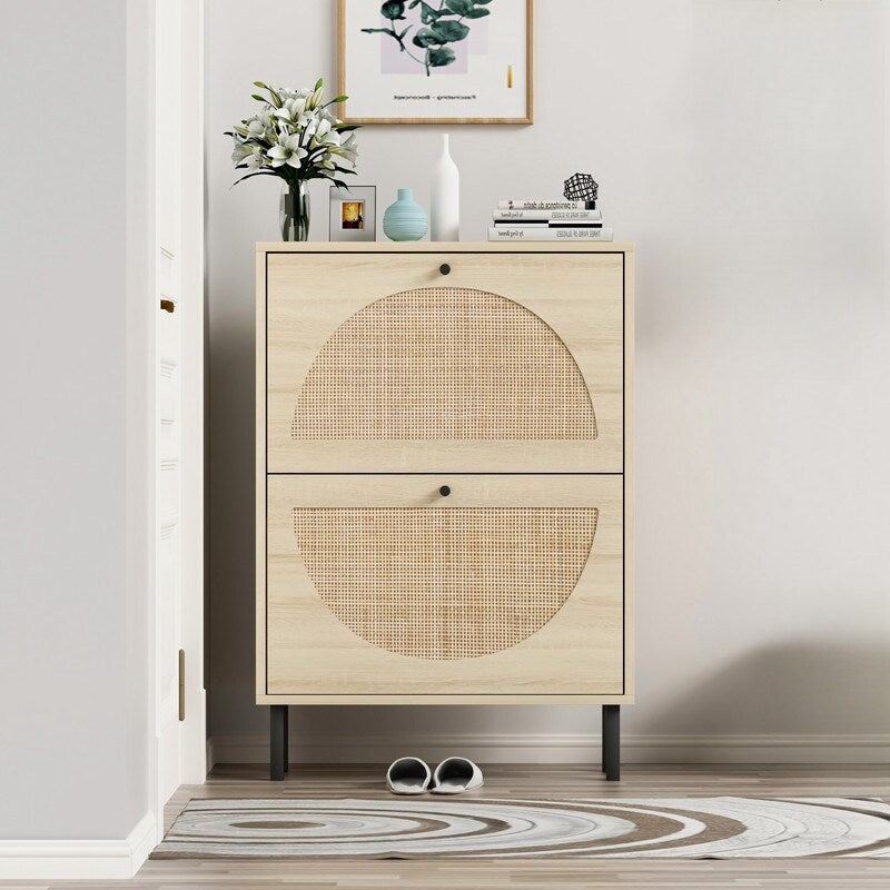 23"W 2 Door Shoe Cabinet,Natural rattan,double layer,suitable for living room,hallway 