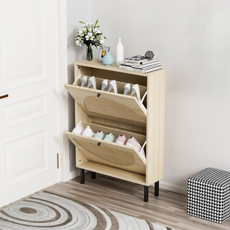 23"W 2 Door Shoe Cabinet,Natural rattan,double layer,suitable for living room,hallway 