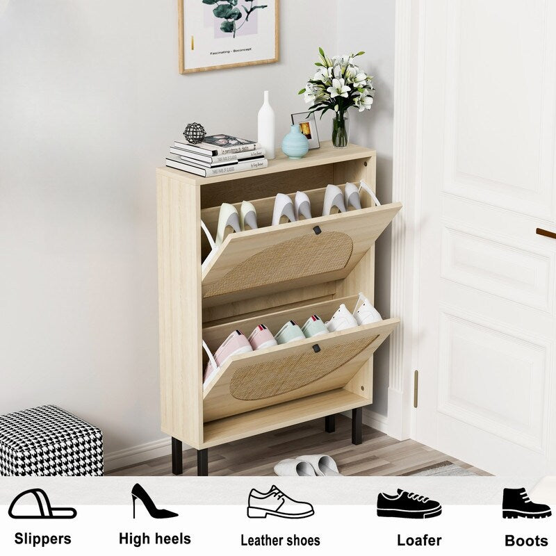 23"W 2 Door Shoe Cabinet,Natural rattan,double layer,suitable for living room,hallway 