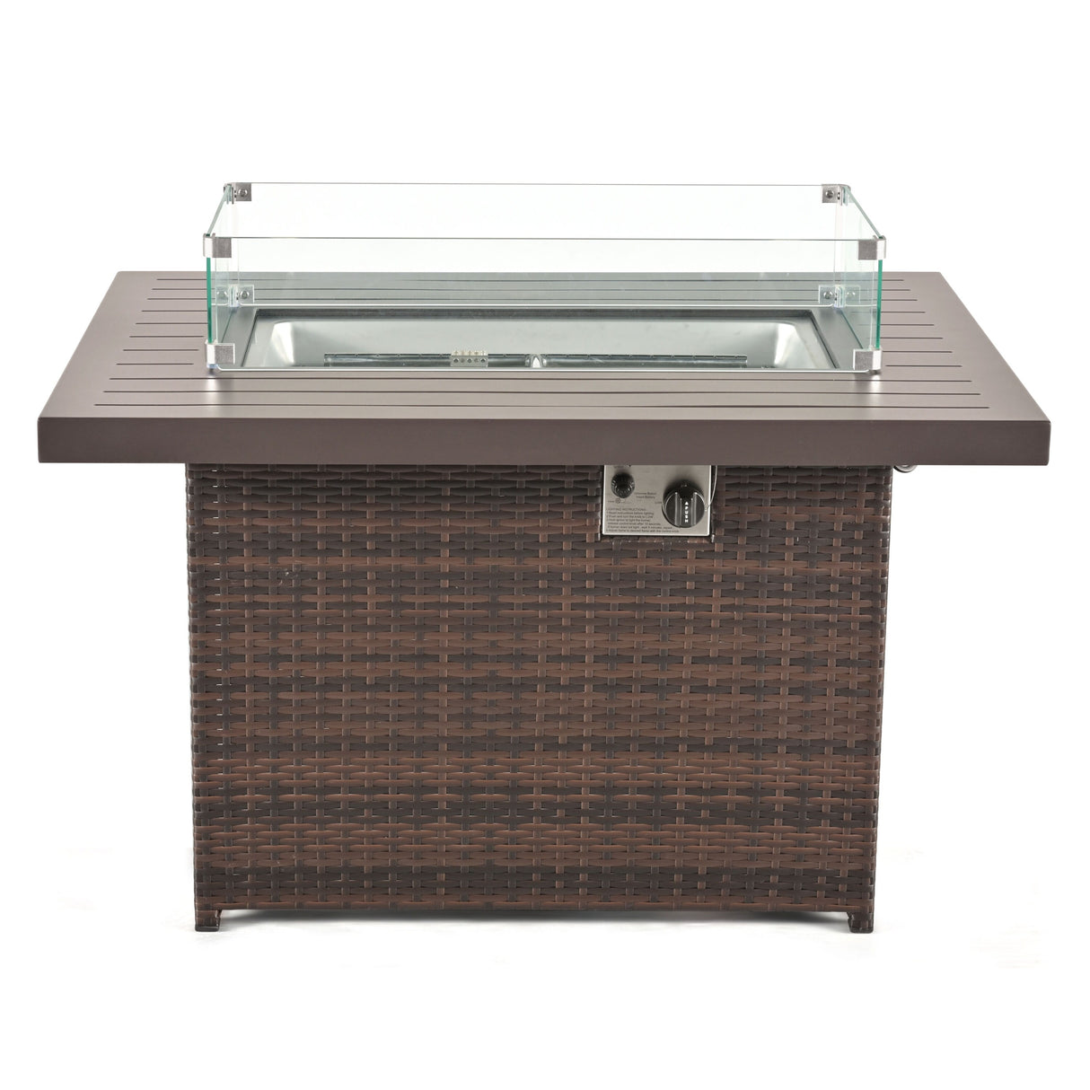 24/7 Shop at Home 43 Inch Rectangular Outdoor Patio 55,000 BTU Rattan Firepit Table with Glass Wind Guard