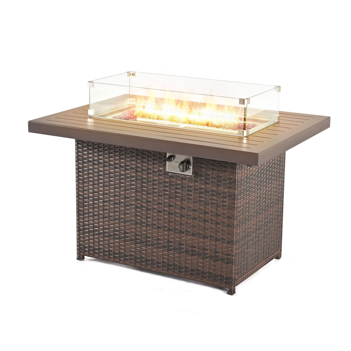 24/7 Shop at Home 43 Inch Rectangular Outdoor Patio 55,000 BTU Rattan Firepit Table with Glass Wind Guard
