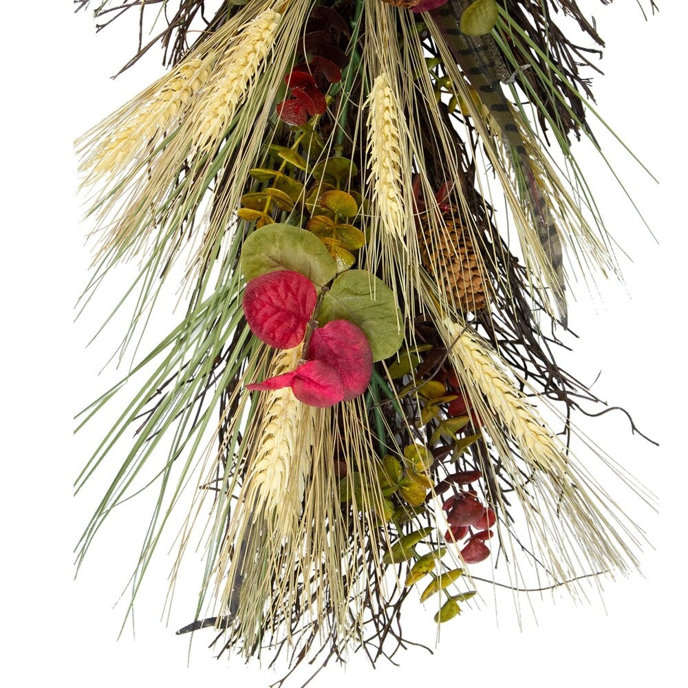 24" Autumn Harvest Wheat and Eucalyptus with Feathers Teardrop Swag - Unlit