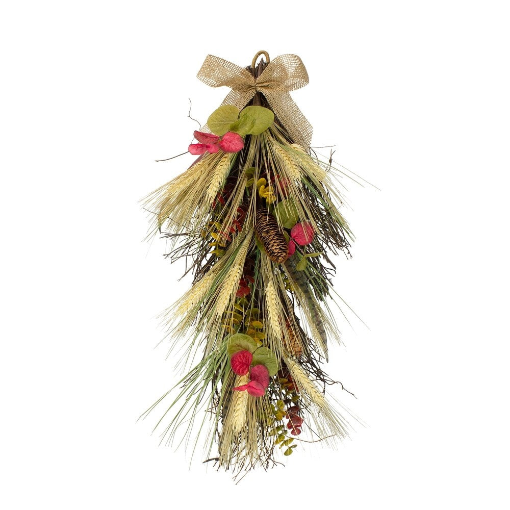 24" Autumn Harvest Wheat and Eucalyptus with Feathers Teardrop Swag - Unlit